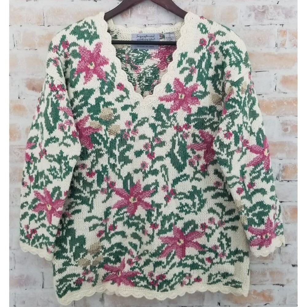 Signature by Northern Isles Floral Hand Knit Sweater Women's Large Festive